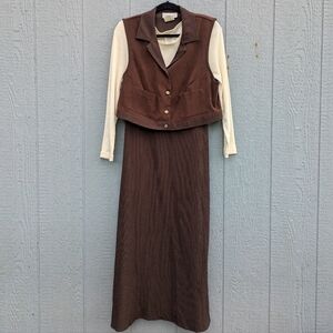 Vintage Lady Dorby Maxi Dress & Vest 14W Brown & Cream